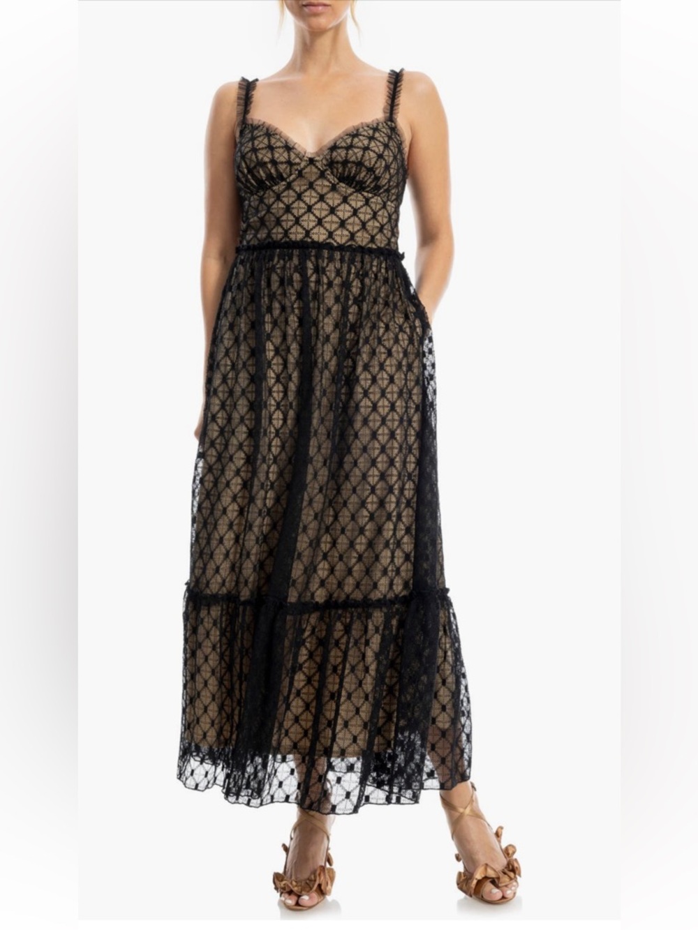 MAX STUDIO NWT Black Lace Overlay Maxi/Midi Dress, Nude Lining, ruffled straps